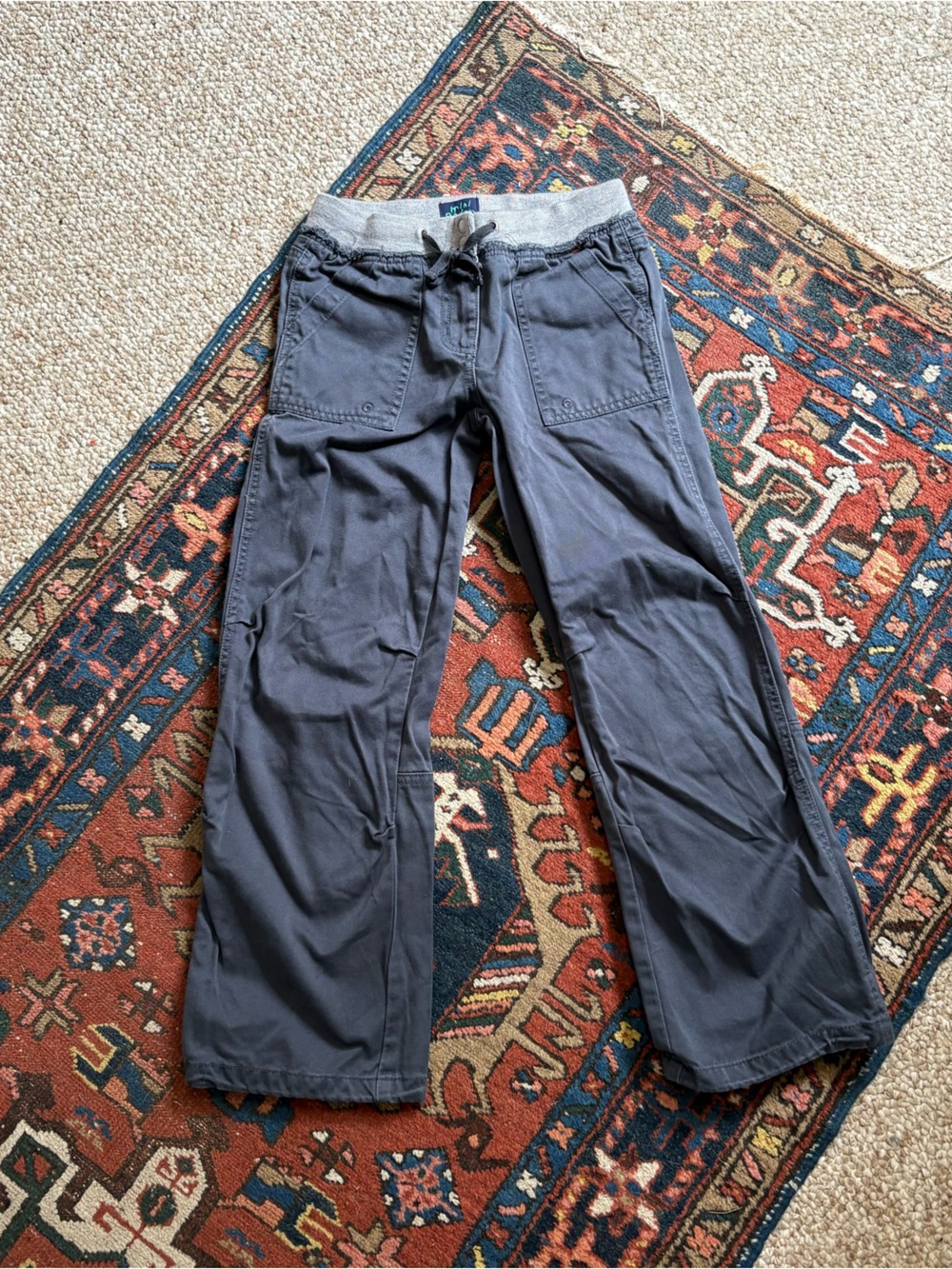 Mini Boden gray Navy Blue Kids Drawstring Waist cotton chino Pants NEW 9-10Y